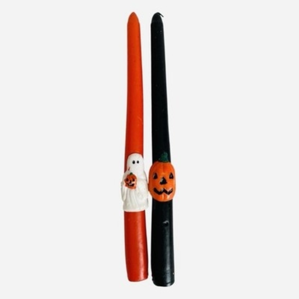 Vintage Halloween Taper Candles Set of 2 Ghost Pumpkin Orange Black 10" NWOT
